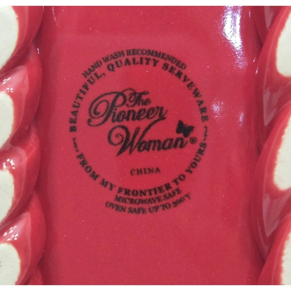 Pioneer Woman Bread Fruit Bowl Basket Stoneware Christmas Red Open Weave Lattice